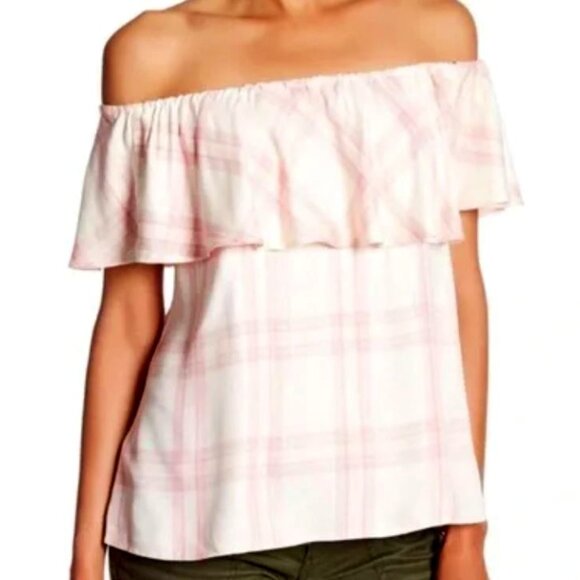Sanctuary | Misha Off The Shoulder Pink & Ivory Plaid Ruffle Top | Size Small - Picture 1 of 12